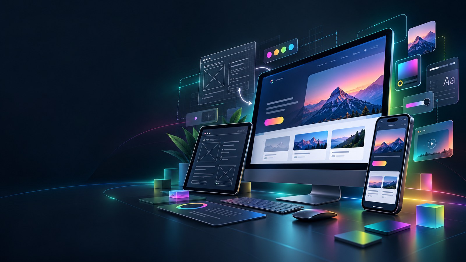Responsive website design shown across desktop, tablet and mobile devices